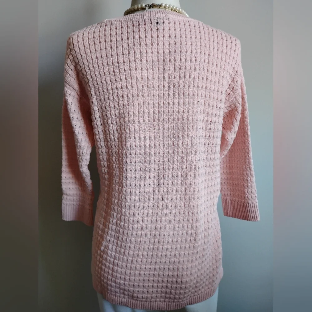 Talbots Cotton Blend Basket Weave Knit 3/4 Sleeve Pastel Pink Sweater Sz Medium - Picture 9 of 17